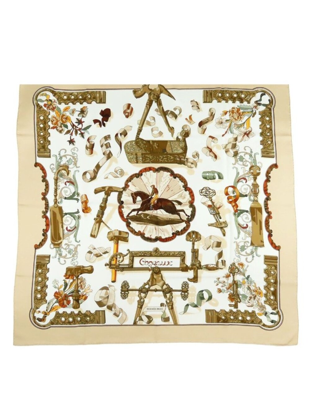 Hermes Carre 90 Beige Brown Silk Copeaux Sawdust Horse Pattern Tool Scarf